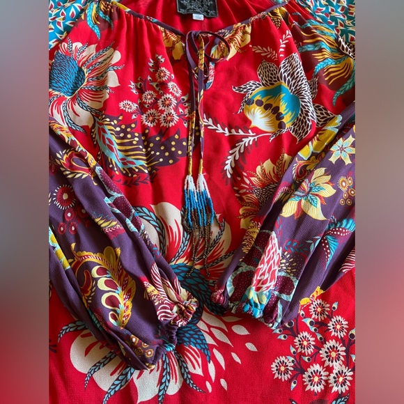 JOHNNY WAS x JADE “Tasha” Boho Floral Peasant Top Blouse Beaded Tassels Size XS - Picture 8 of 11